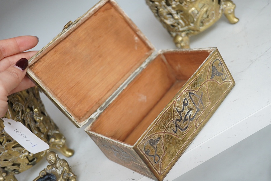 A pair of inscribed Chinese polished bronze reticulated censers, liners and covers, late 19th century, 20cm high together with a Cairo ware box, Condition - fair to good.